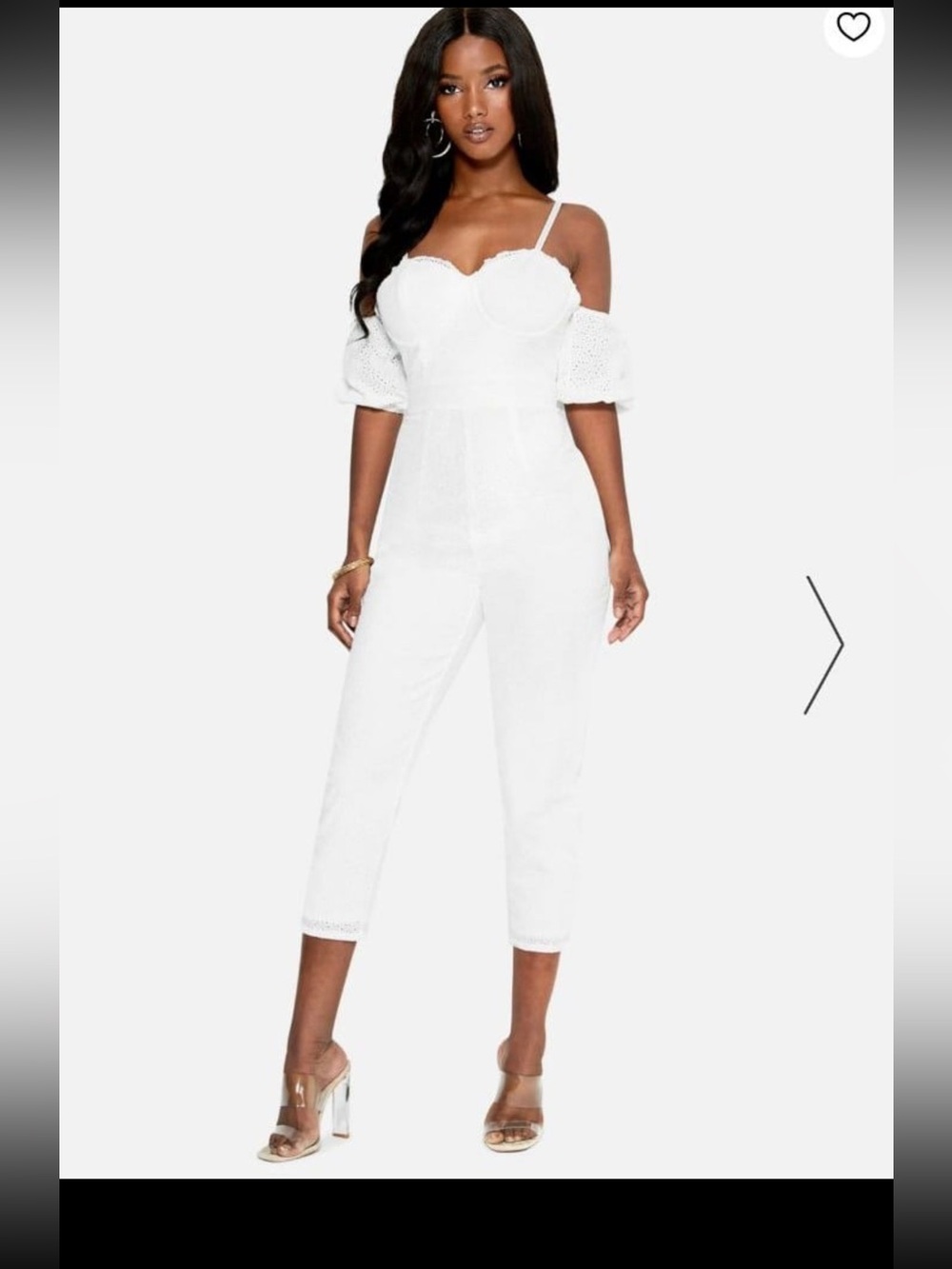 bebe White Off-Shoulder Eyelet Jumpsuit - Picture 2 of 10
